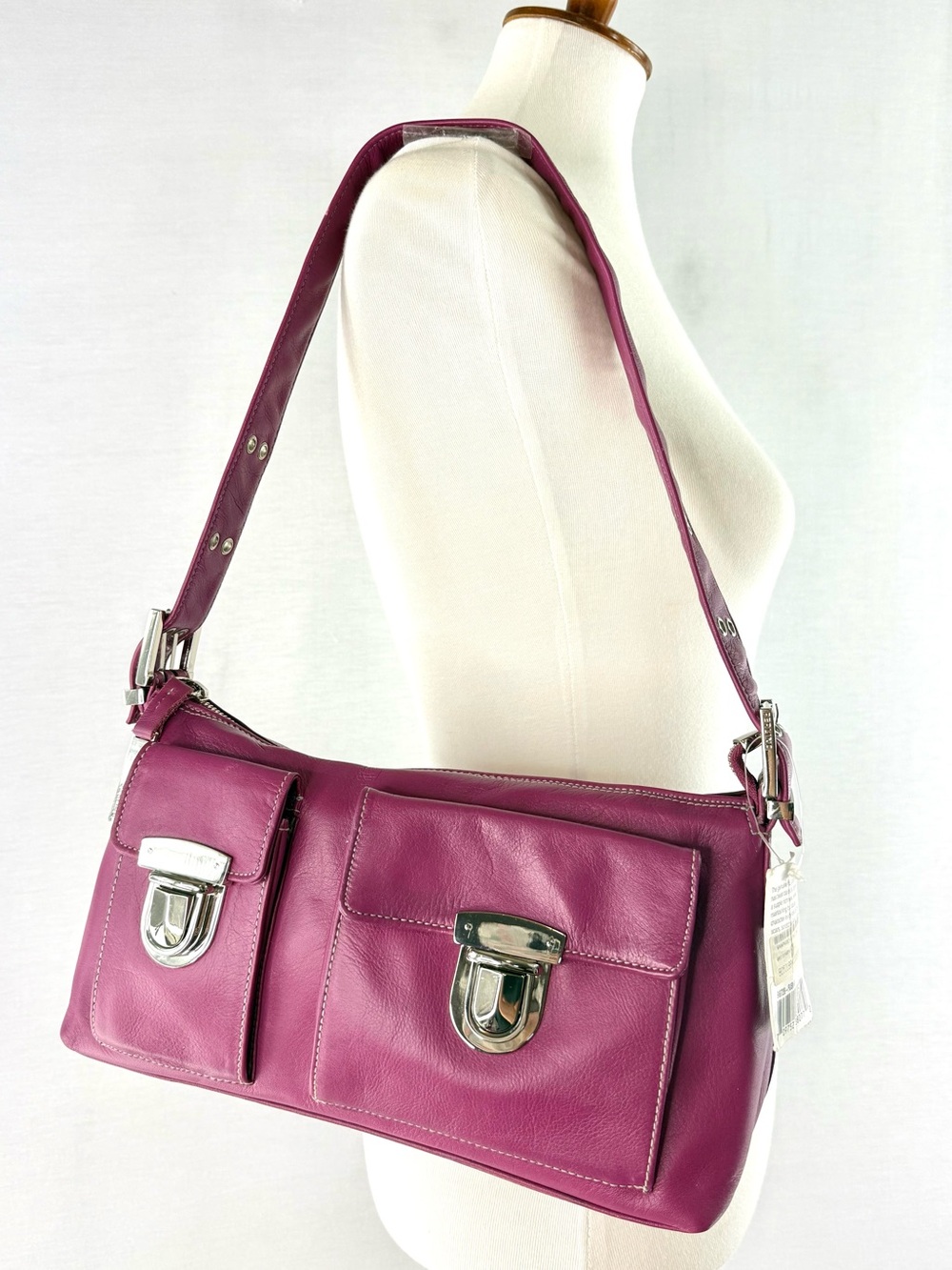 Perlina Vintage Y2K Multi-Pocket Fushia Pink Leather Shoulder Bag NWT - Picture 3 of 16